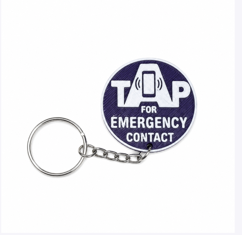 Indigo KinTag 40mm keyring tag marked Tap for Emergency Contact
